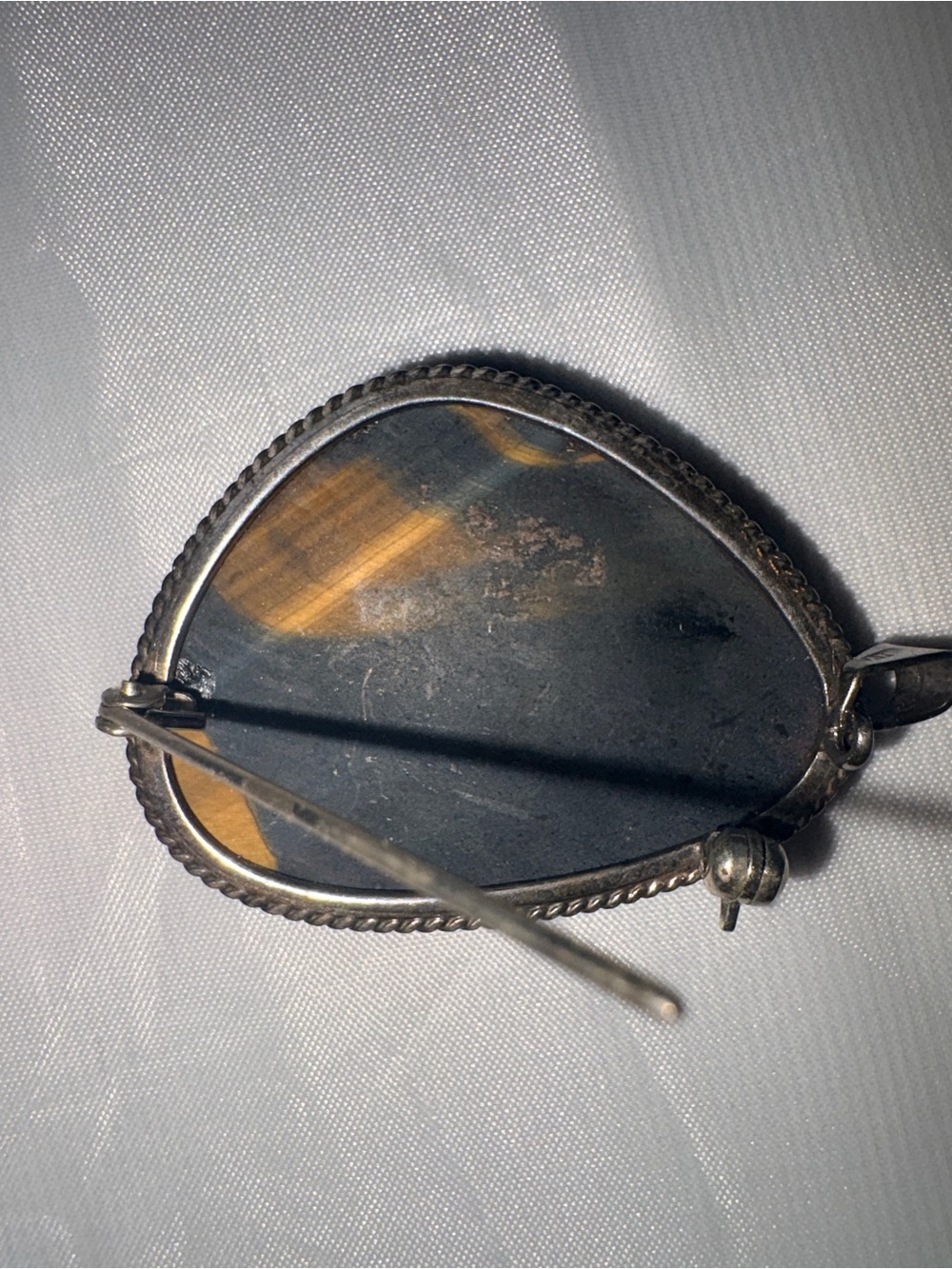 Vintage Blue Tiger Eye Brooch Pendant, Large Hawk’s Eye Gemstone - Picture 5 of 17